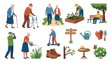 Fototapeta premium Flat Vector Illustration of Active Seniors Engaging in Outdoor Activities, Gardening, and Healthy Retirement Lifestyle