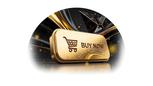 Golden buy now shopping button with online retail icon on futuristic black background