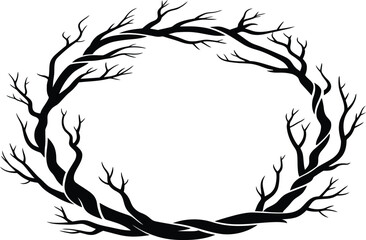 Fototapeta premium Twisted Dead Tree Branch Wreath Frame Vector Border Illustration for Halloween Nature and Rustic Decorative Designs