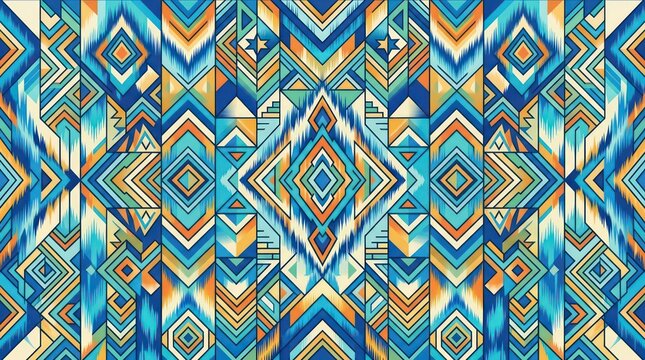 Vibrant Blue and Orange Geometric Tribal Pattern Background.