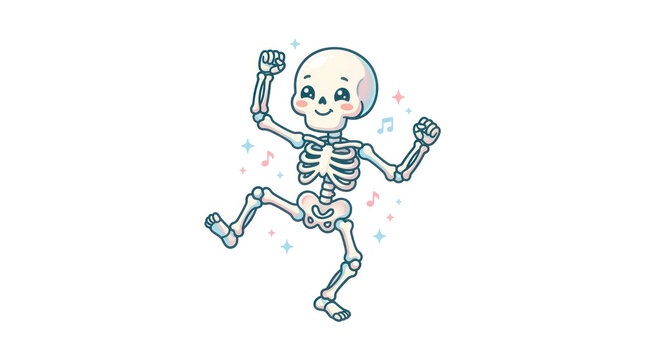 Cute happy dancing skeleton, kawaii cartoon character, isolated on white background