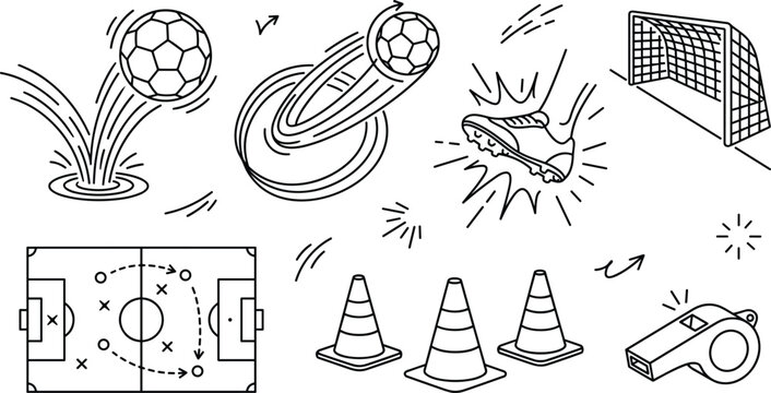 Soccer Football Vector Element Set Featuring Bouncing Ball Cleat Kicking Goal Net Strategy Field Board Training Cones and Whistle Line Art Icons