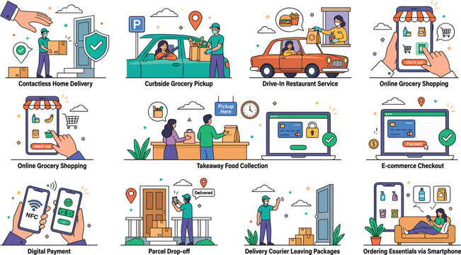 Online grocery shopping food delivery and contactless checkout vector scene collection featuring mobile ordering app drive-in pickup parcel drop-off and digital payment flat concepts