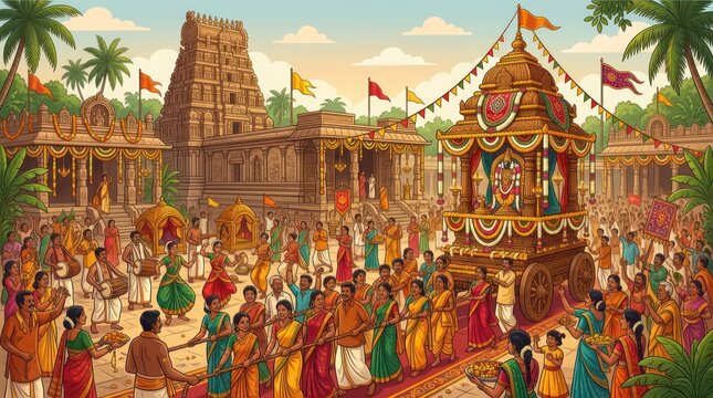 Traditional Hindu Temple Festival with Ornate Chariot and Large Crowd.