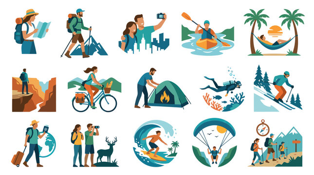 Flat Vector Icons of People Enjoying Outdoor Adventures and Travel Activities