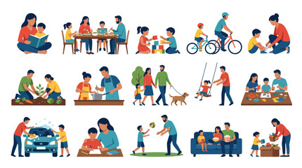 Fototapeta premium Flat Family Activities - Diverse People Bonding, Learning, Playing Together
