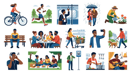 Fototapeta premium Lifestyle Activities Flat Design Vector Set - People Enjoying Hobbies and Daily Life