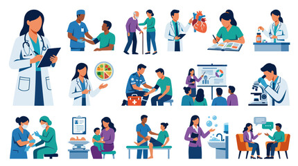 Fototapeta premium Medical Vector Icons: Doctors, Nurses, Patients, Health, and Wellness Flat Design