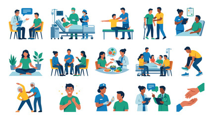 Fototapeta premium Flat Vector Medical Healthcare Illustrations: Professionals, Patient Care, Recovery, and Wellness