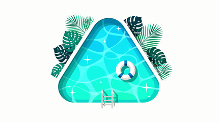 Fototapeta premium Triangle Swimming Pool with Tropical Leaves, Ladder, Lifebuoy