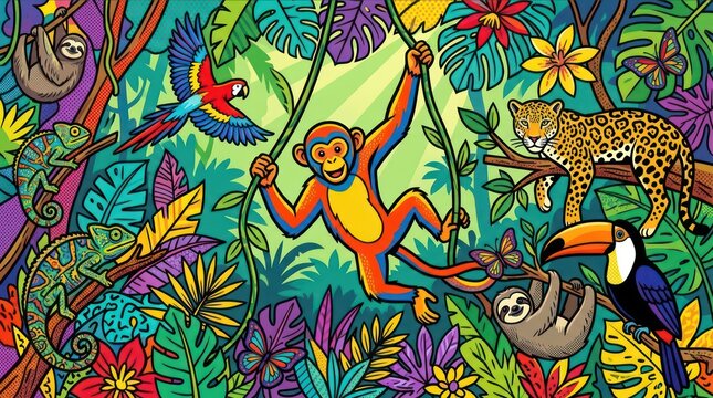 Vibrant jungle scene with monkey swinging.