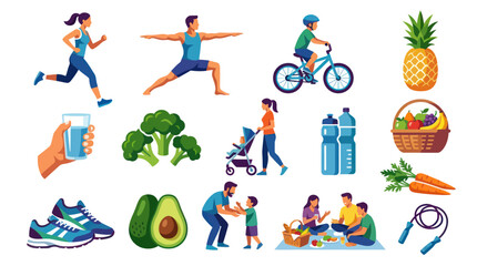 Fototapeta premium Flat Vector Art - Healthy Lifestyle, Fitness, Nutrition, Family Activities