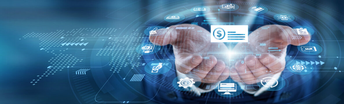 Electronic transaction speed. Cashless trade economy. Secure money transfer. Financial convenience. Mobile banking. Merchant hands hold Digital Payment reader, processing funds via a phone.