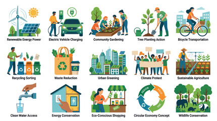 Naklejka premium Environmental Sustainability Flat Design Vector Icons Set: Eco-friendly Living Green Technology Concepts