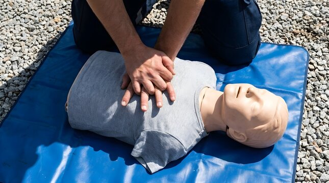 CPR First Aid Training with Medical Mannequin Outdoors