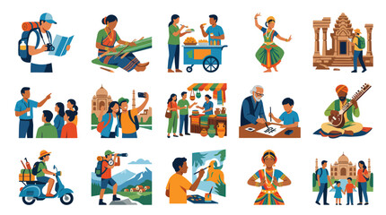 Fototapeta premium India Travel Culture Flat Icons: Tourism, Food, Dance, Architecture, Art, Family