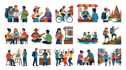 Fototapeta premium Flat Illustration of Diverse People Enjoying Travel and Leisure Activities in Asia