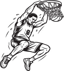 Basketball player performing a powerful slam dunk action with basketball competition professional athletic exercise recreation training illustration silhouette monochrome stenciled activity © Tassawar