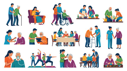 Fototapeta premium Flat Illustration of Caregivers Assisting Elderly People in Various Activities
