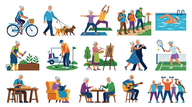 Senior Lifestyle Flat Icons: Active Elderly People Enjoying Hobbies and Sports