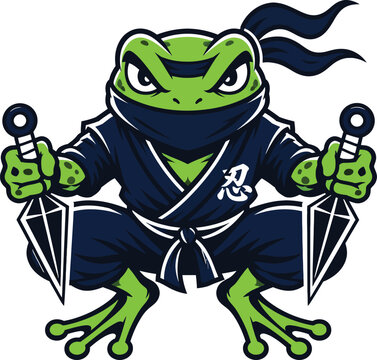 Ninja frog mascot vector logo, aggressive Japanese shumeric toad holding kunai daggers with kanji for esports gaming team and clothing POD design