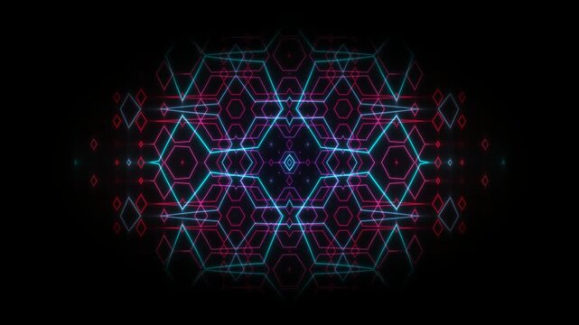 Glowing geometric pattern with blue and purple neon lights