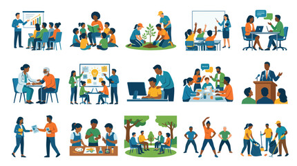 Fototapeta premium Flat Vector Illustration Set of People in Education, Healthcare, and Community Services Activities