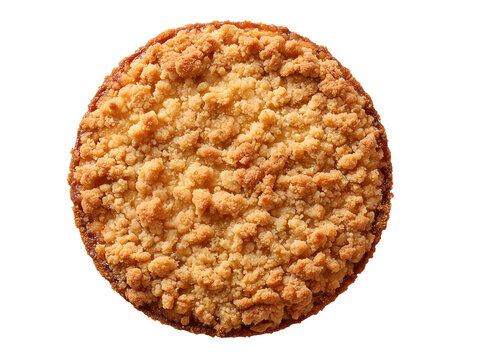 Homemade apple crumble pie topped with a golden buttery crumb crust, isolated on a white background.