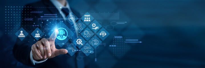 Fototapeta premium Support agent touches Customer Service and client network feedback loops. This resolves urgent queries quickly, ensuring high satisfaction scores and building lasting loyalty in modern markets.