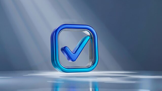 Blue check mark icon inside rounded square on glossy background with modern minimalist design