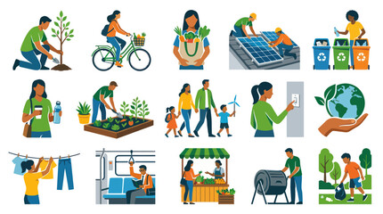 Fototapeta premium Eco-Friendly Living Flat Vector Illustrations: People Engaging in Sustainable Daily Activities Environmental Protection