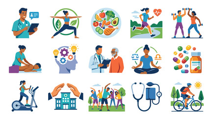 Fototapeta premium Flat Style Icons Set: Healthcare, Fitness, Nutrition, Wellness, Medical Care