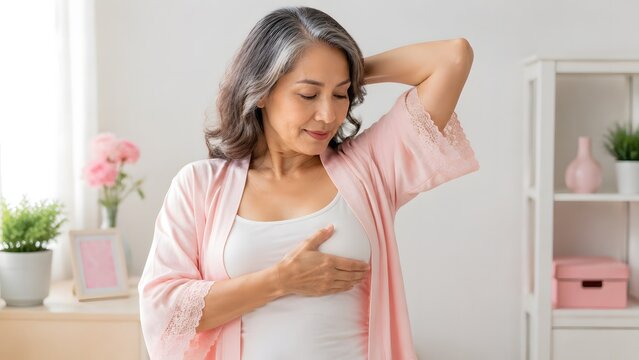 Middle aged woman checking her breast for lumps during a self exam at home in a bright bedroom wearing a pink robe to stay healthy and aware of breast cancer risk