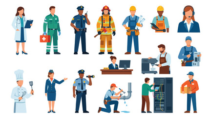 Fototapeta premium Flat Vector Icons of Diverse Professionals - Doctor, Chef, Police, Firefighter, Engineer