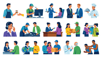 Fototapeta premium Flat Vector Characters: Diverse Professions, Customer Service, and Job Roles for Work and Human Interaction