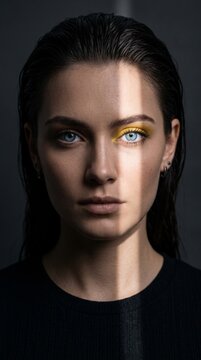 Striking portrait of young woman with intense blue eyes and yellow eye shadow under dramatic split lighting against a dark minimalist background