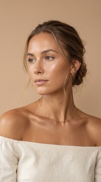 Natural beauty portrait of a young woman with glowing skin and elegant gold jewelry against a soft neutral background for a minimalist aesthetic look