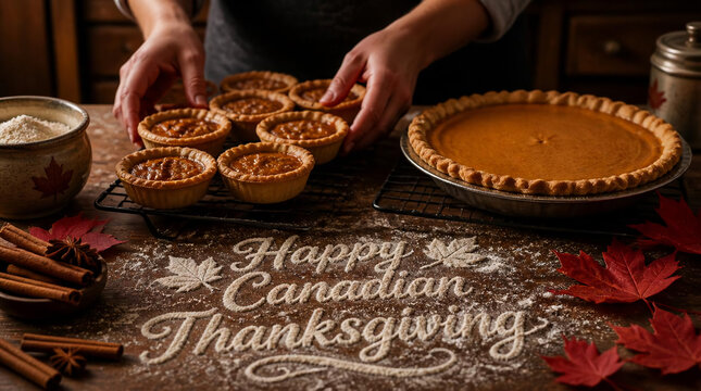 Happy Canadian Thanksgiving Flour Typography on Rustic Wooden Bakery Table