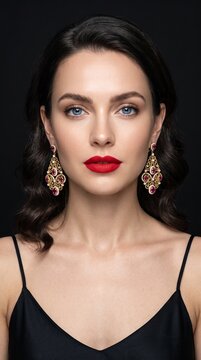 Elegant woman with vibrant red lipstick and ornate gold gemstone earrings against a dark background focusing on sophisticated jewelry with displays close portrait