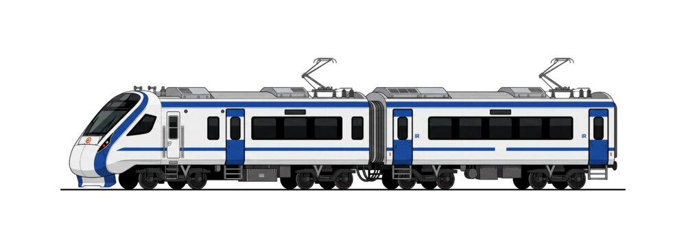 Modern semi-high-speed electric passenger train in full side view, featuring a streamlined white and blue body, panoramic windows and detailed wheels, isolated on white background.