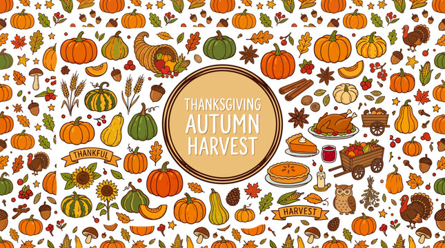 Thanksgiving autumn harvest pattern with pumpkins and leaves