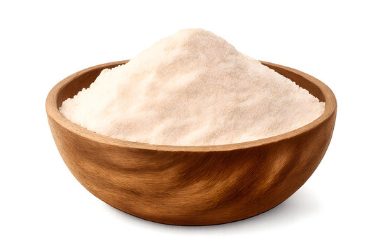 Wooden bowl filled with white wheat flour ingredient isolated on transparent background cut out
