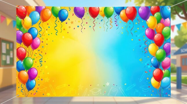 Vibrant colorful balloon border back to school celebration backdrop featuring festive confetti and academic icons for educational events with multicolored balloons