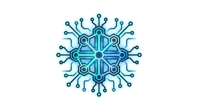 Blue symmetrical microchip circuit snowflake icon.