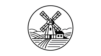 Fototapeta premium Circular emblem featuring a classic windmill and farmhouse in a scenic landscape.
