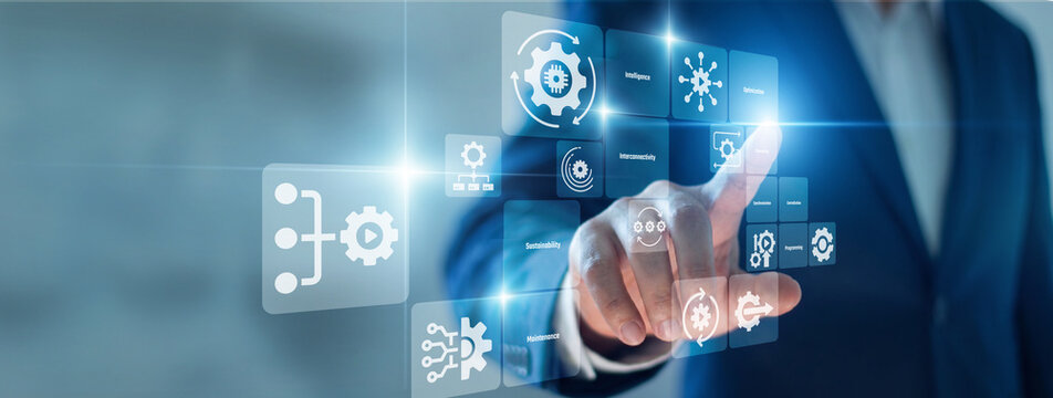 Workflow efficiency boost. Engineer hand touch virtual screen managing industrial Automation systems. Streamlining repetitive tasks and enhancing output speed for better results.