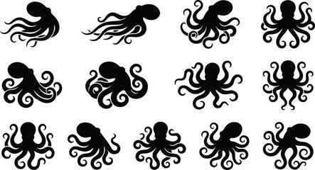 Black octopus icons, octopus silhouettes, sea creature graphics, vector illustrations © Yasir