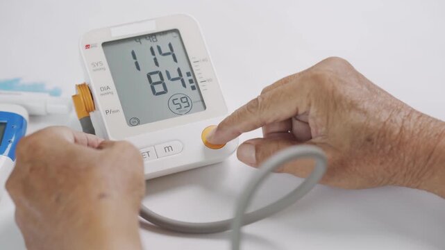 Close up of a digital blood pressure monitor displaying blood pressure and pulse results beside a senior, representing home health monitoring, hypertension management, preventive healthcare, and healt