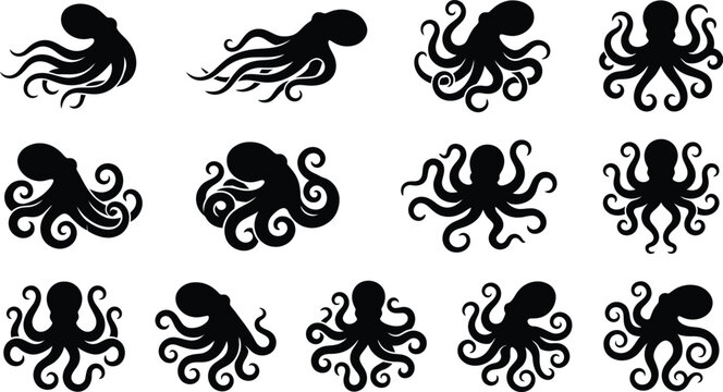 Black octopus icons, octopus silhouettes, sea creature graphics, vector illustrations