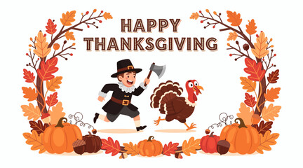 Fototapeta premium Thanksgiving cartoon pilgrim chasing turkey